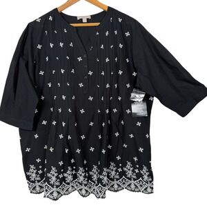 Woman Within Tunic Women L 18/20 Black Embroidered  3/4 Sleeve Cotton Top